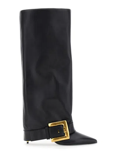 BALMAIN WOMEN BLACK LEATHER KNEE-HIGH BOOTS, 7.5 LUXURY BOOTS FOR WOMEN DARVEYS
