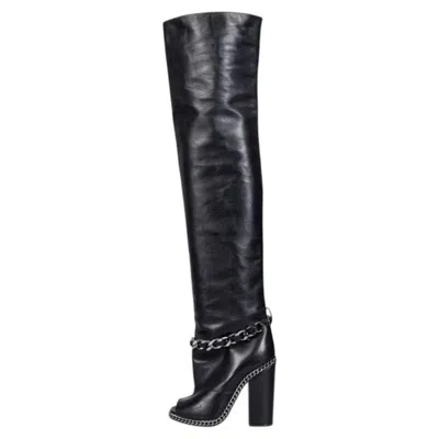 Pre-owned Balmain Black Leather Open-toe Over-the-knee Boots Size 38