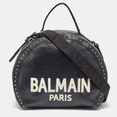 Pre-owned Balmain Black Leather Studded Logo Drum Top Handle Bag