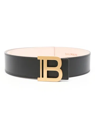 BALMAIN BLACK LOGO BELT WITH GOLD BUCKLE FOR WOMEN FROM SS24 COLLECTION