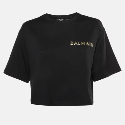 Pre-owned Balmain Black Logo Embossed Jersey Crop Top Xs