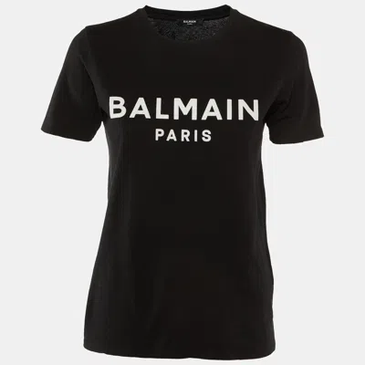 Pre-owned Balmain Black Logo Flock Print Cotton Crew Neck T-shirt Xs