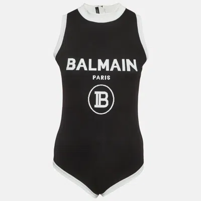 Pre-owned Balmain Black Logo Intarsia Knit Zip Up Bodysuit Top L