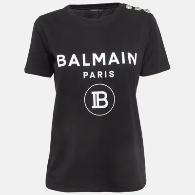 Pre-owned Balmain Black Logo Print Cotton Button Embellished T-shirt S