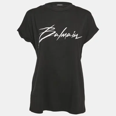 Pre-owned Balmain Black Logo Print Cotton Crew Neck T-shirt M