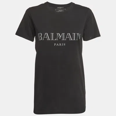 Pre-owned Balmain Black Logo Print Cotton Crew Neck T-shirt S