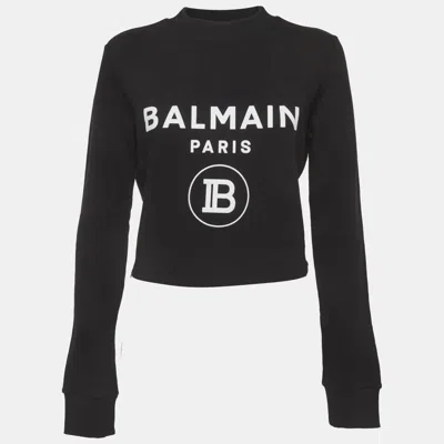 Pre-owned Balmain Black Logo Print Cotton Crop Sweatshirt S