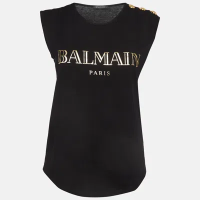 Pre-owned Balmain Black Logo Print Cotton Knit Button Detail Sleeveless T-shirt S