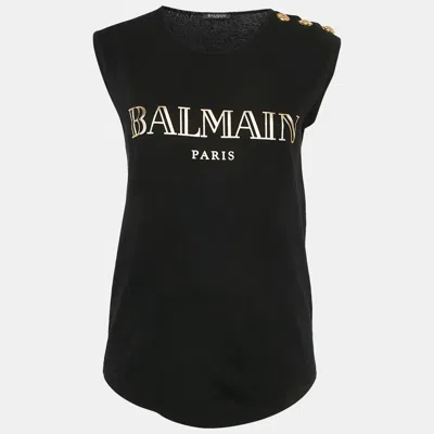 Pre-owned Balmain Black Logo Print Cotton Knit Button Detail Sleeveless Top S