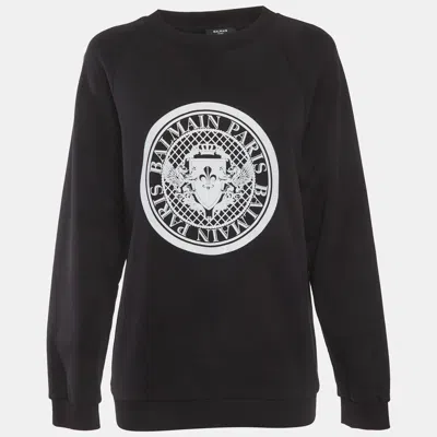 Pre-owned Balmain Black Logo Print Cotton Knit Sweatshirt S