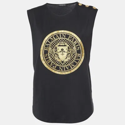 Pre-owned Balmain Black Logo Print Cotton Sleeveless T-shirt L