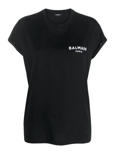 Balmain Black Logo Print Crew Neck  T-shirt
