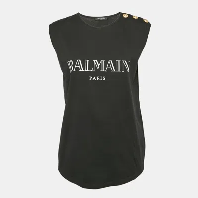 Pre-owned Balmain Black Logo Print Jersey Button Detail Tank Top S