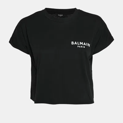 Pre-owned Balmain Black Logo Print Jersey Cropped T-shirt Xs