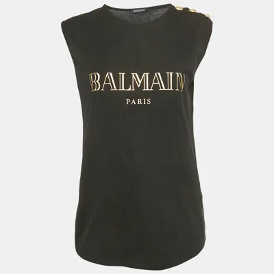 Pre-owned Balmain Black Logo Print Jersey Sleeveless Top M