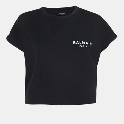 Pre-owned Balmain Black Logo Printed Cotton Knit Crop Top M