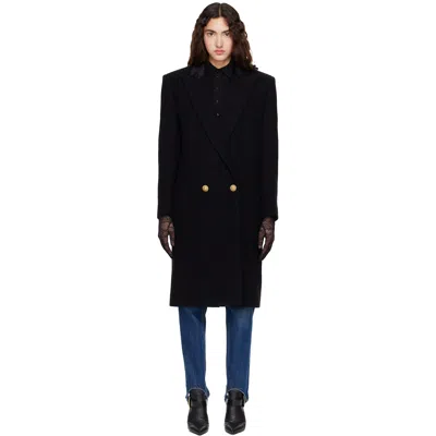 Balmain Black Long Wool Coat In Eap Noir/noir