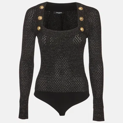 Pre-owned Balmain Black Lurex Rib Knit Button Embellished Long Sleeve Bodysuit Top S