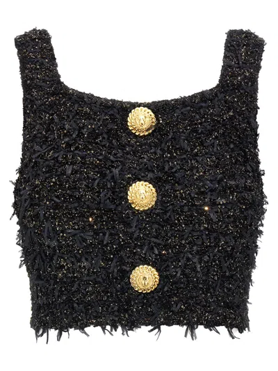 BALMAIN BLACK TWEED CROPPED TOP