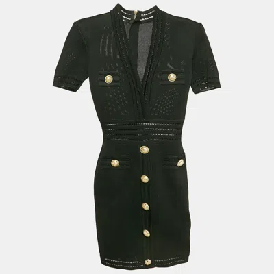 Pre-owned Balmain Black Mesh Knit Button Detail Bodycon Mini Dress M