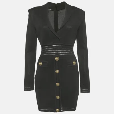 Pre-owned Balmain Black Mesh Knit Button Detail Mini Dress M