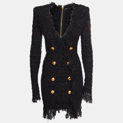 Pre-owned Balmain Black Metallic Bouclé Tweed Fringed Mini Dress S