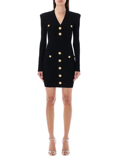 BALMAIN BLACK MINI DRESS V NECK BTN