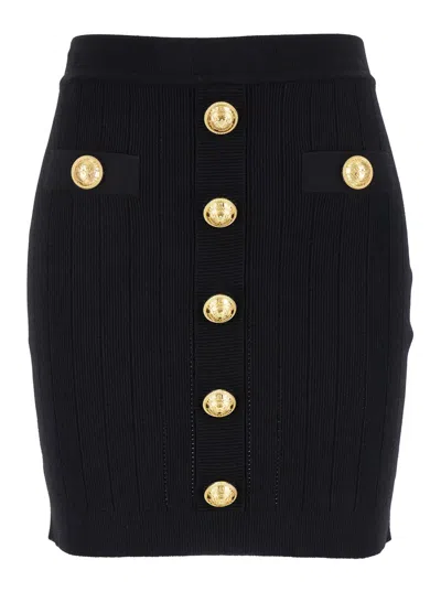 BALMAIN BLACK MINI PENCIL SKIRT WITH JEWEL BUTTONS IN STRETCH VISCOSE BLEND WOMAN