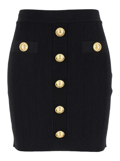 Balmain Black Mini Pencil Skirt With Jewel Buttons In Stretch Viscose Blend Woman