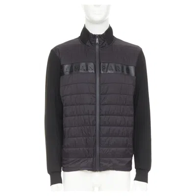 Pre-owned Balmain Black Mixed Quilted Puffer Logo Neoprene Sleeves Zip Up Jacket Eu50 L
