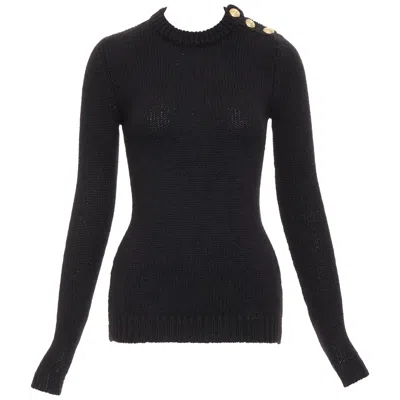 Pre-owned Balmain Black Mohair Blend Gold Lion Button Crew Neck Long Sleeve Sweater Fr34