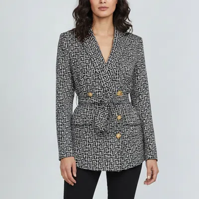 Pre-owned Balmain Black Monogram Cupro Double Breasted Blazer L