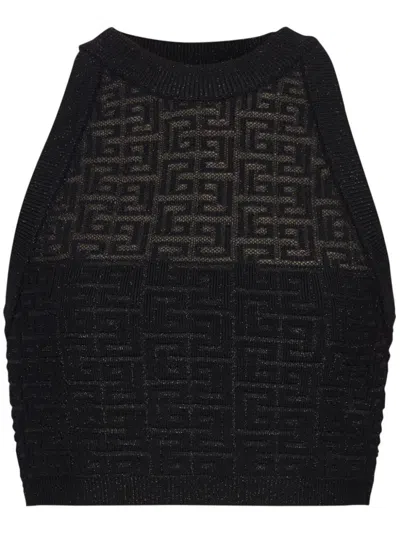 BALMAIN BLACK MONOGRAM HALTERNECK TOP