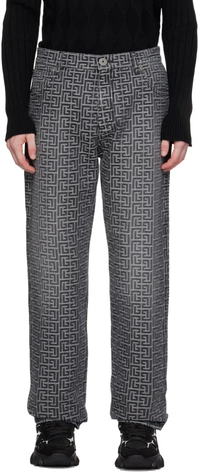 Balmain Jeans With Monogram Motif All-over In Grey