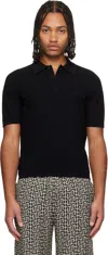 Balmain Textured Black Knitted Polo With Classic Collar In Black
