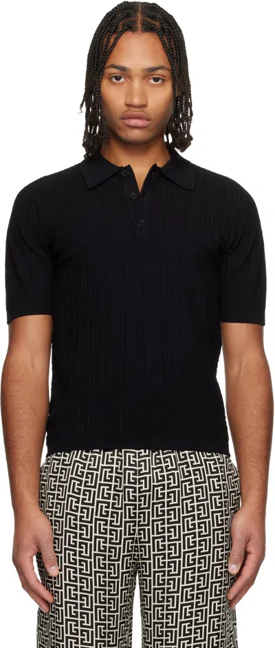 BALMAIN BLACK MONOGRAM KNIT POLO