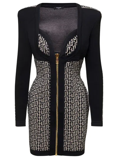 Balmain Long Sleeves Knit Mix Zipped Short Dress In Black