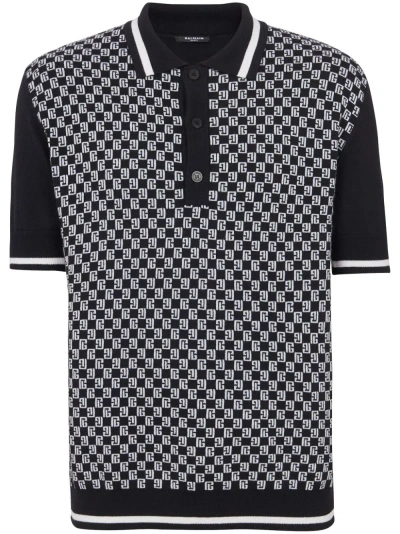 Balmain Black Monogram-pattern Wool Polo Shirt