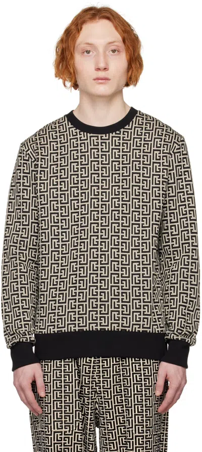 Balmain Black Monogram Sweatshirt In Gfe Ivoire/noir