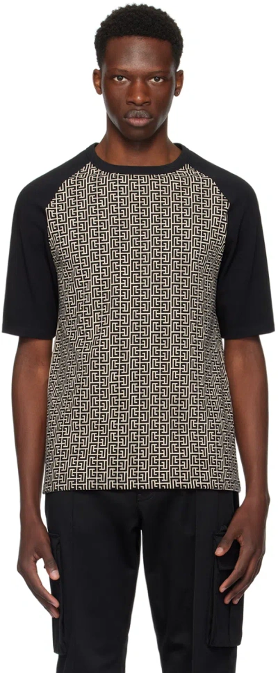 Balmain Black Monogram T-shirt In Gfe Ivoire/noir