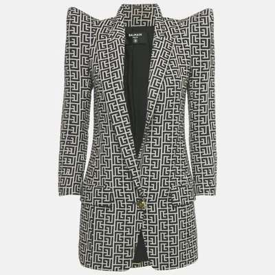 Pre-owned Balmain Black Monogram Wool Pagoda Shoulder Blazer S