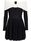 BALMAIN BLACK OFF-SHOULDER KNIT DRESS WITH TWO-TONE COLORBLOCK AND PLEATED SKIRT