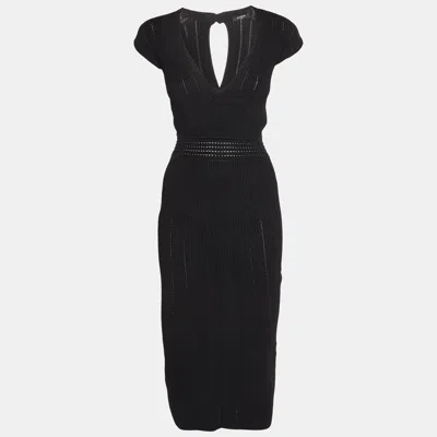 Pre-owned Balmain Black Openwork Rib Knit Cut-out Midi Dress S