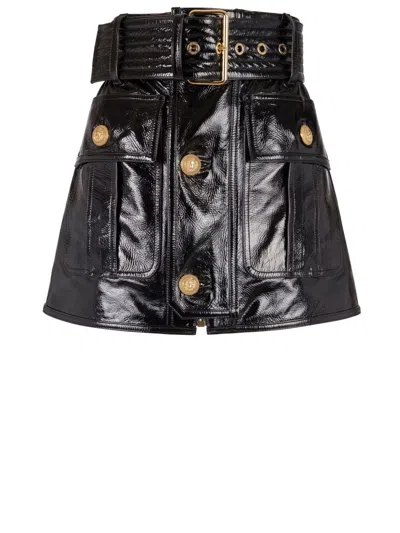 Balmain Black Patent Leather Belted Short Skirt For Women
