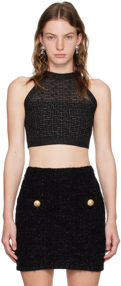 Balmain Sheer Geometric Halterneck Top With Metallic Threading In Black
