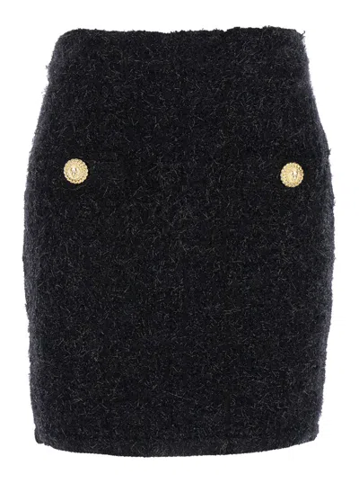 Balmain Black Pencil Mini Skirt With Jewel Buttons In Tweed Woman
