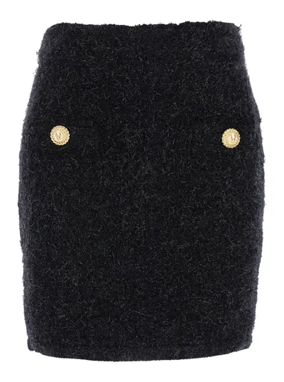 BALMAIN BALMAIN WOMEN BLACK PENCIL MINI SKIRT WITH JEWEL BUTTONS IN TWEED WOMAN