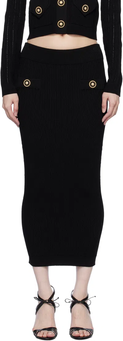 Balmain Black Plain Ribbed Knit Midi Skirt In 0pa Noir