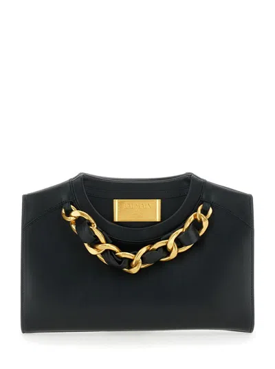 Balmain Black Pouch With Logo Plaque On The Front And Crewneck Effect In Leather Woman