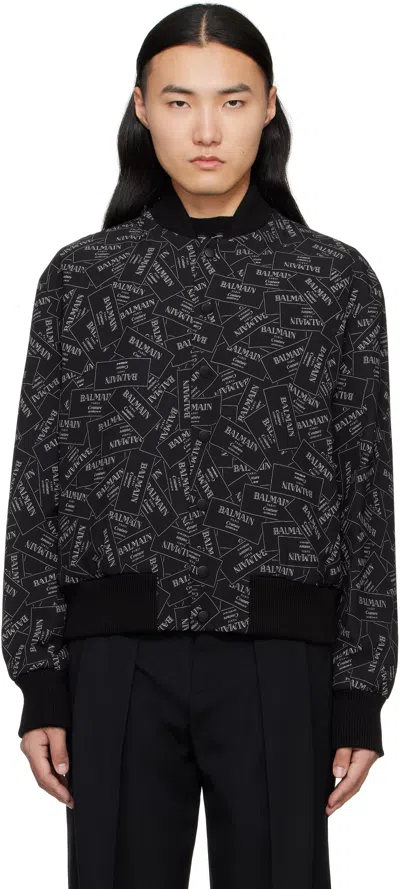 Balmain Black Printed '' Label Bomber Jacket In Eab Noir/blanc